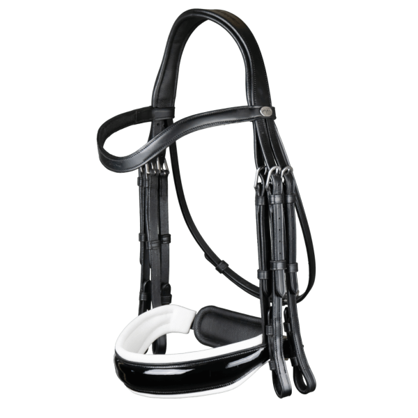 Dyon Double Bridle Patent Large Crank WC with Swedish Noseband and White Lining